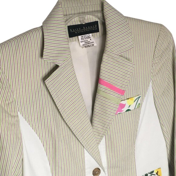 Harve Benard Blazer Jacket Womens 4 Green White Stripe Floral Cotton Two Button - Picture 5 of 12